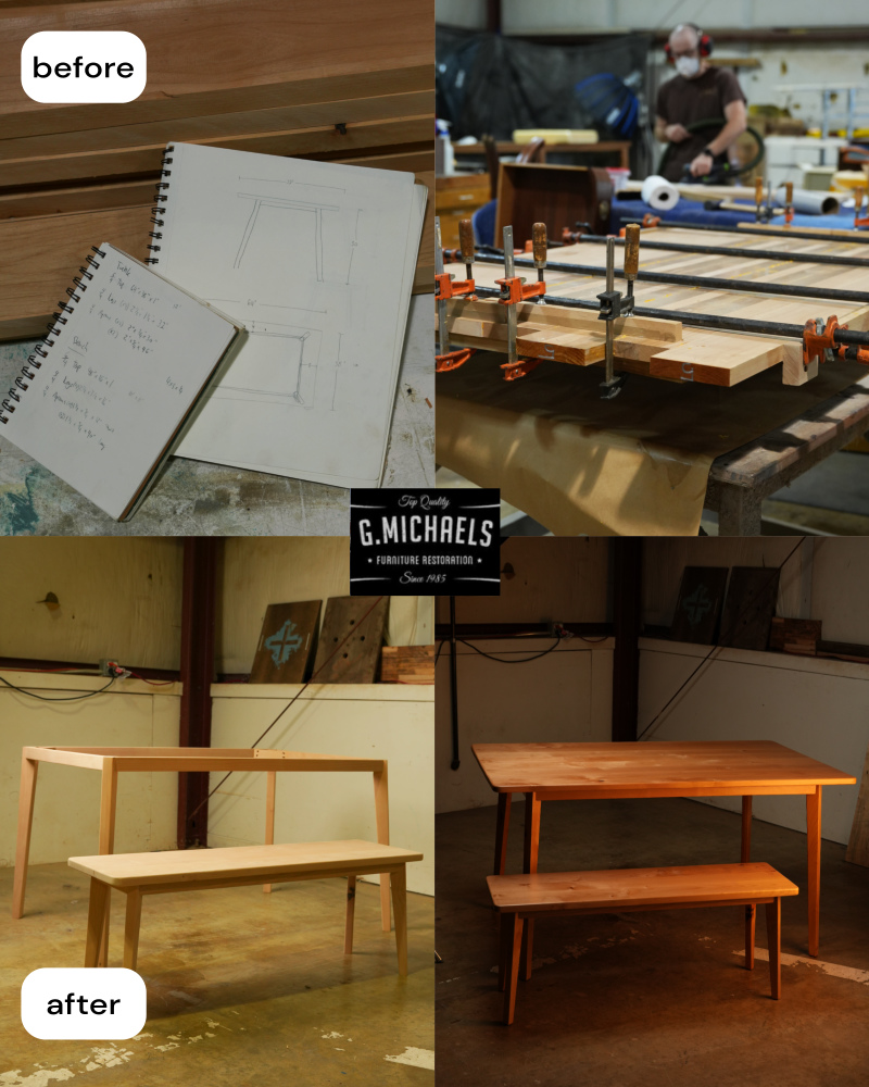 Custom dining table and matching bench, from sketches and construction to the finished set