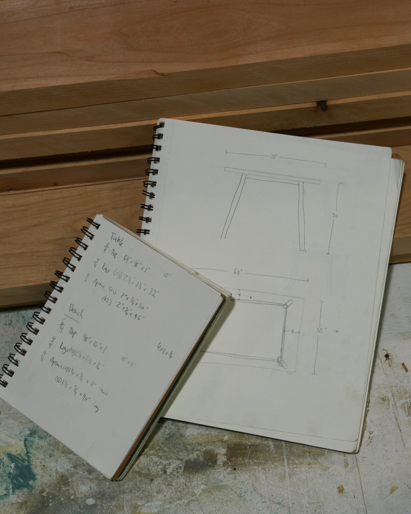 Pencil sketch and cut list for a custom dining table in a Fort Collins workshop