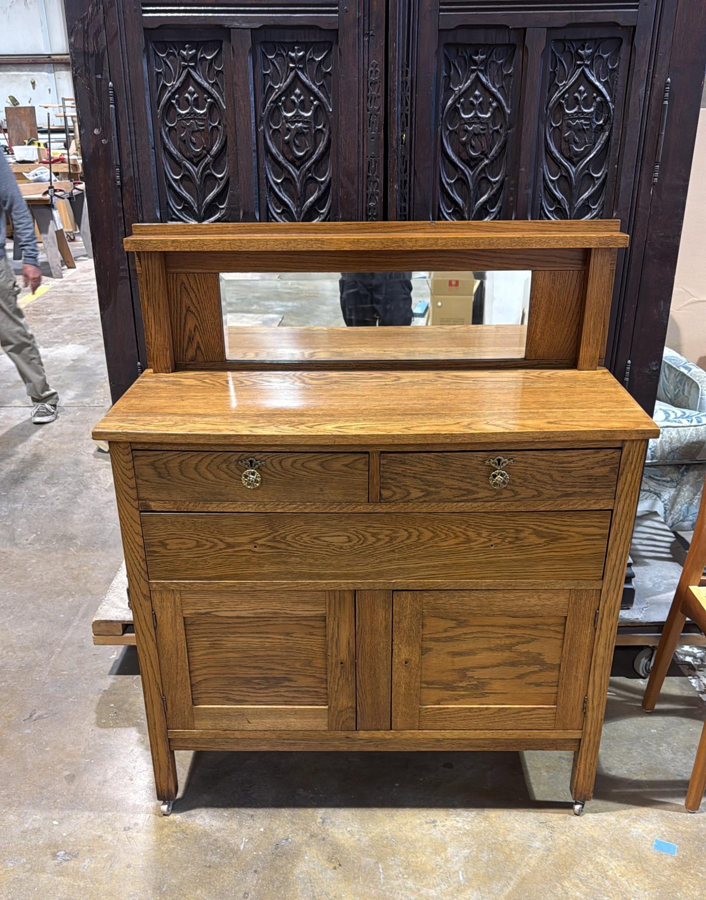 After restoration (fully functional dresser with matched antique oak finish)