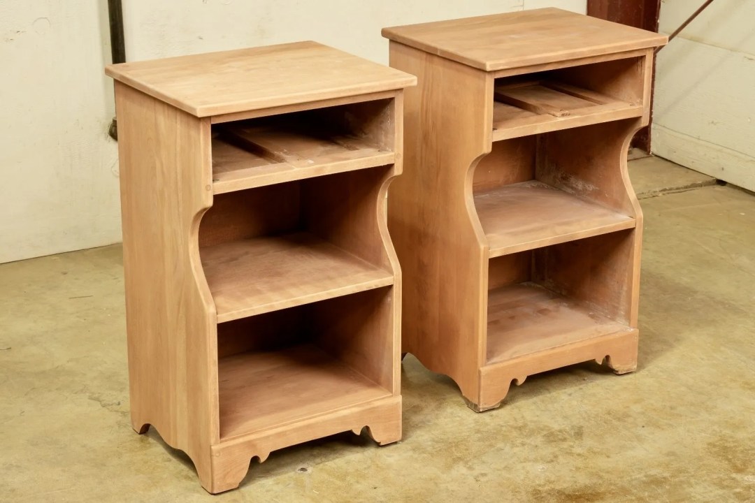 Two Ethan Allen nightstands stripped and prepared before refinishing