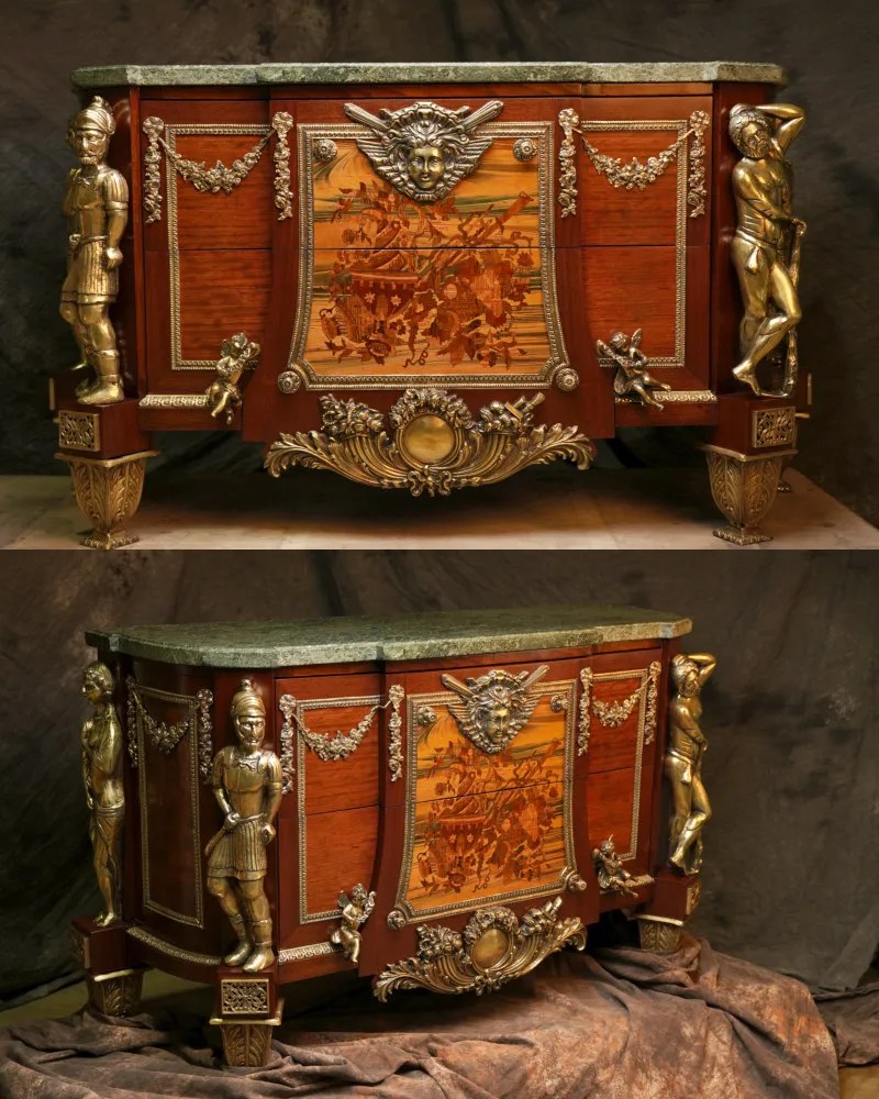 Restored Louis XVI marquetry commode with gilt bronze mounts